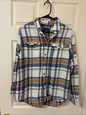 George Men's Blue White and Brown Plaid Button-Down Shirt